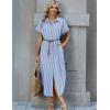 Zeagoo Womens Summer Casual Short Sleeve Button Down Long Shirt Dresses Loose Swimsuit Beach Cover Ups with Pockets(Blue Stripe)
