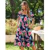 Zeagoo Women’s Summer Dress Casual Puff Sleeve Square Neck Midi Dresses Tiered Beach Vacation A-Line Sundress with Pockets(Pink Green Floral)