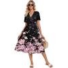 Zeagoo Womens Summer Warp V-Neck Casual Dresses Short Sleeve Midi Floral Dress with Pockets Tiered Flowy A Line Sundress(Black Pink Floral)
