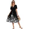 Zeagoo Womens Summer Warp V-Neck Casual Dresses Short Sleeve Midi Floral Dress with Pockets Tiered Flowy A Line Sundress(Black White Floral)