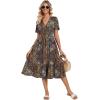 Zeagoo Womens Summer Warp V-Neck Casual Dresses Short Sleeve Midi Floral Dress with Pockets Tiered Flowy A Line Sundress(Bohemian Orange)