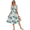 Zeagoo Womens Summer Warp V-Neck Casual Dresses Short Sleeve Midi Floral Dress with Pockets Tiered Flowy A Line Sundress(White Green Leaf)