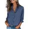 Zeagoo Button Down Shirts for Women 3/4 Sleeve Tops V Neck Collared Blouses Business Casual Outfits S-2XL(Navy Blue)