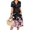 Zeagoo Womens Summer Warp V-Neck Casual Dresses Short Sleeve Midi Floral Dress with Pockets Tiered Flowy A Line Sundress(Black Pink Floral)