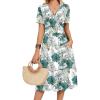 Zeagoo Womens Summer Warp V-Neck Casual Dresses Short Sleeve Midi Floral Dress with Pockets Tiered Flowy A Line Sundress(White Green Leaf)