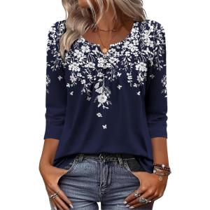 Zeagoo 3/4 Length Sleeve Womens Tops Dressy Casual 2026 V Neck T Shirts Blouses Floral Summer Business Work Basic Tees(A02-navy Flower)