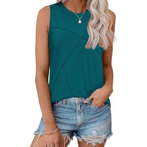 Zeagoo Beach Vacation Clothes for Women Pleated High Neck Flowy Sleeveless Tank Tops Summer Loose Fit Tunic Blouses(Blue Green)