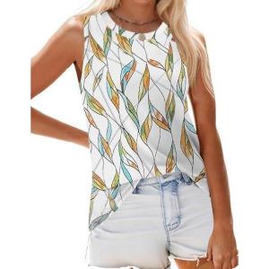 Zeagoo Beach Vacation Clothes for Women Pleated High Neck Flowy Sleeveless Tank Tops Summer Loose Fit Tunic Blouses(Leaf-print)