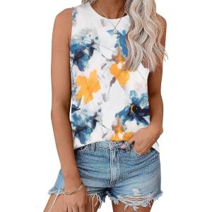Zeagoo Beach Vacation Clothes for Women Pleated High Neck Flowy Sleeveless Tank Tops Summer Loose Fit Tunic Blouses(White Blue Flower)