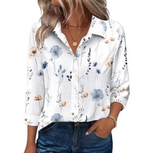 Zeagoo Button Down Shirts for Women 3/4 Sleeve Tops V Neck Collared Blouses Business Casual Outfits S-2XL(Bf290)