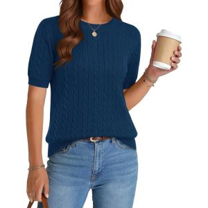 Zeagoo Cable Short Sleeve Sweaters for Women Summer Spring Cute Tops 2026 Trendy Business Causal Outfits Work Blouses Clothes(Dark Blue)