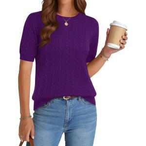 Zeagoo Cable Short Sleeve Sweaters for Women Summer Spring Cute Tops 2026 Trendy Business Causal Outfits Work Blouses Clothes(Dark Purple)