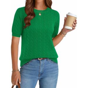 Zeagoo Cable Short Sleeve Sweaters for Women Summer Spring Cute Tops 2026 Trendy Business Causal Outfits Work Blouses Clothes(Green)