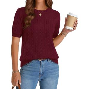 Zeagoo Cable Short Sleeve Sweaters for Women Summer Spring Cute Tops 2026 Trendy Business Causal Outfits Work Blouses Clothes(Wine Red)