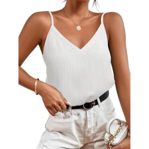 Zeagoo Camisole Tops for Women V-Neck Spaghetti Strap Tank Top Long Sexy Flowy Summer Textured Sleeveless Tops(White)