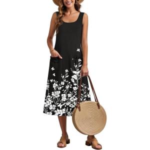 Zeagoo Dresses for Women 2026 Casual Summer Midi Sleeveless Dress A Line Crewneck Beach Vacation Tank Sundresses with Pockets(Black White Floral-sf100)
