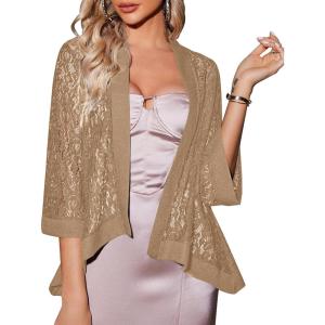 Zeagoo Kimono Cardigans for Women 3/4 Sleeves Open Front Lightweight Shrug Lace Bolero for Evening Dresses(Khaki)