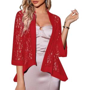 Zeagoo Kimono Cardigans for Women 3/4 Sleeves Open Front Lightweight Shrug Lace Bolero for Evening Dresses(Red)