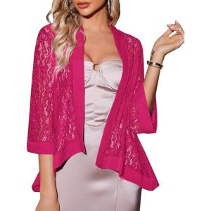 Zeagoo Kimono Cardigans for Women 3/4 Sleeves Open Front Lightweight Shrug Lace Bolero for Evening Dresses(Rose Red)