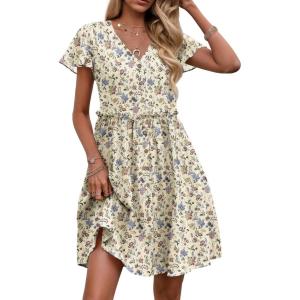 Zeagoo Summer Dress with Flutter Sleeves – Cotton Linen Beach A Line Casual Dress(Printed Beige)