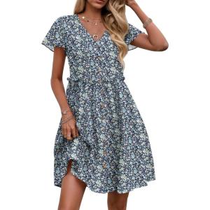 Zeagoo Summer Dress with Flutter Sleeves – Cotton Linen Beach A Line Casual Dress(Printed Blue)