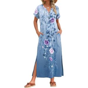 Zeagoo Summer Dresses for Women 2026 Maxi Dresses Vacation Sundress Short Sleeve Casual Sundresses Split Dress with Pockets(A-floral-bf171)
