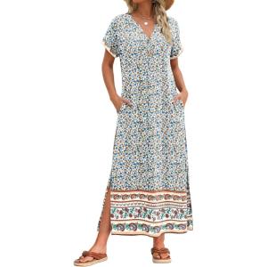 Zeagoo Summer Dresses for Women 2026 Maxi Dresses Vacation Sundress Short Sleeve Casual Sundresses Split Dress with Pockets(A-floral-mz914)
