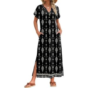 Zeagoo Summer Dresses for Women 2026 Maxi Dresses Vacation Sundress Short Sleeve Casual Sundresses Split Dress with Pockets(A-floral-mz921)