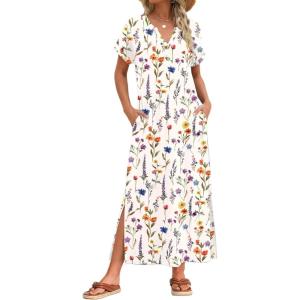 Zeagoo Summer Dresses for Women 2026 Maxi Dresses Vacation Sundress Short Sleeve Casual Sundresses Split Dress with Pockets(A-floral-wf109)