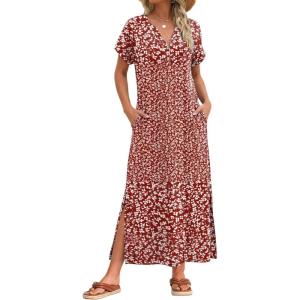 Zeagoo Summer Dresses for Women 2026 Maxi Dresses Vacation Sundress Short Sleeve Casual Sundresses Split Dress with Pockets(A-floral-xh518)