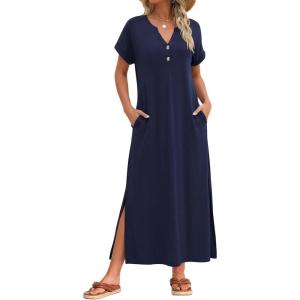 Zeagoo Summer Dresses for Women 2026 Maxi Dresses Vacation Sundress Short Sleeve Casual Sundresses Split Dress with Pockets(Blue)