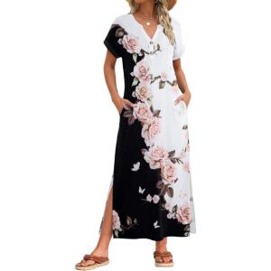 Zeagoo Summer Dresses for Women 2026 Maxi Dresses Vacation Sundress Short Sleeve Casual Sundresses Split Dress with Pockets(Floral-bf348)