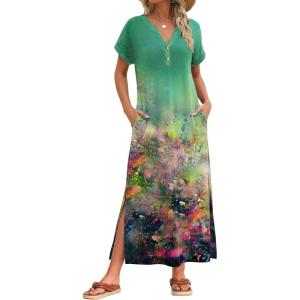 Zeagoo Summer Dresses for Women 2026 Maxi Dresses Vacation Sundress Short Sleeve Casual Sundresses Split Dress with Pockets(Floral-cx322)