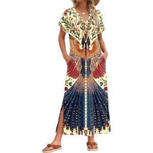 Zeagoo Summer Dresses for Women 2026 Maxi Dresses Vacation Sundress Short Sleeve Casual Sundresses Split Dress with Pockets(Floral-dw179)