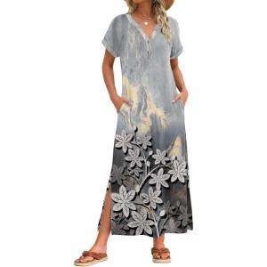 Zeagoo Summer Dresses for Women 2026 Maxi Dresses Vacation Sundress Short Sleeve Casual Sundresses Split Dress with Pockets(Floral-sf312)