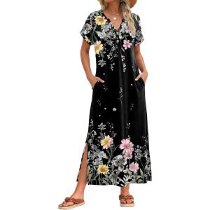Zeagoo Summer Dresses for Women 2026 Maxi Dresses Vacation Sundress Short Sleeve Casual Sundresses Split Dress with Pockets(Floral-wf120)