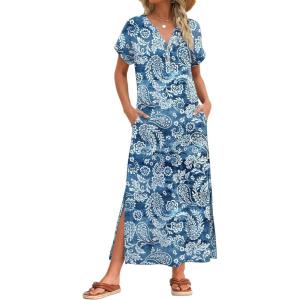 Zeagoo Summer Dresses for Women 2026 Maxi Dresses Vacation Sundress Short Sleeve Casual Sundresses Split Dress with Pockets(Floral-yg8)