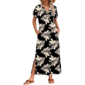 Zeagoo Summer Dresses for Women 2026 Maxi Dresses Vacation Sundress Short Sleeve Casual Sundresses Split Dress with Pockets(Floral-zw29)