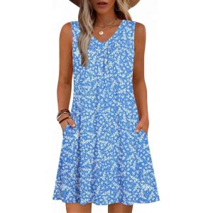 Zeagoo Summer Dresses for Women 2026 Sleeveless Dress V Neck Tank Dress Pleated Floral Tshirt Sundresses with Pockets(Blue Floral)