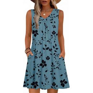 Zeagoo Summer Dresses for Women 2026 Sleeveless Dress V Neck Tank Dress Pleated Floral Tshirt Sundresses with Pockets(Floral-leaf)