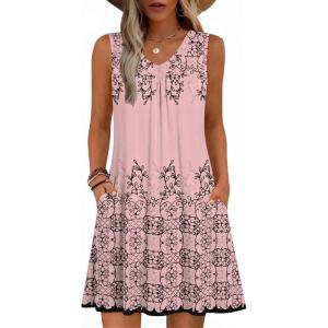 Zeagoo Summer Dresses for Women 2026 Sleeveless Dress V Neck Tank Dress Pleated Floral Tshirt Sundresses with Pockets(Pink Print)