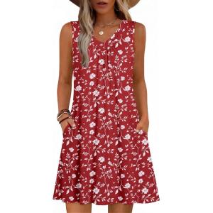 Zeagoo Summer Dresses for Women 2026 Sleeveless Dress V Neck Tank Dress Pleated Floral Tshirt Sundresses with Pockets(Red-floral)