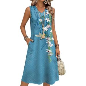 Zeagoo Summer Dresses for Women 2026 Sleeveless V Neck Casual Midi Tank Dress Beach Vacation Sundresses with Pockets(03-zw89)