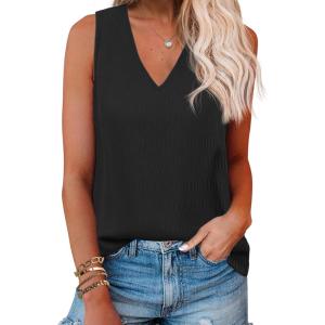 Zeagoo Summer Tank Top for Women V Neck Textured Camisole Blouses Sleeveless Casual Basic Beach Vacation Cami Shirt(Black)