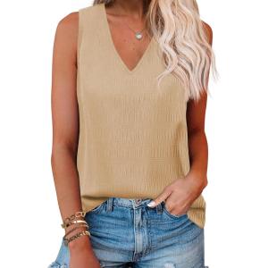 Zeagoo Summer Tank Top for Women V Neck Textured Camisole Blouses Sleeveless Casual Basic Beach Vacation Cami Shirt(Coffee)
