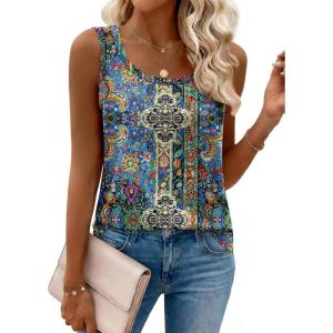 Zeagoo Tank Top for Women Summer Loose Fit Casual Flowy Sleeveless Tops Trendy Scoop Neck Basic Shirts Tee 2026(Mz779-blue Bohemian)