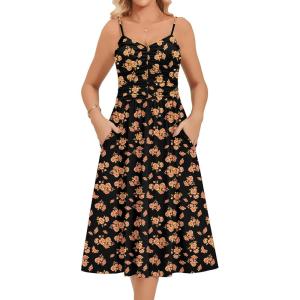 Zeagoo Women 2026 Summer Adjustable Spaghetti Strap Sundress Casual Ruched Floral V Neck Midi Flowy Beach Dress with Pockets(Black Orange Floral)