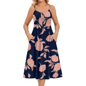 Zeagoo Women 2026 Summer Adjustable Spaghetti Strap Sundress Casual Ruched Floral V Neck Midi Flowy Beach Dress with Pockets(Black Pink Floral)