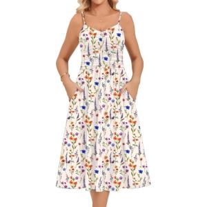 Zeagoo Women 2026 Summer Adjustable Spaghetti Strap Sundress Casual Ruched Floral V Neck Midi Flowy Beach Dress with Pockets(Colorful Floral)