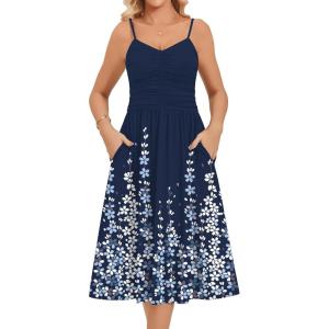 Zeagoo Women 2026 Summer Adjustable Spaghetti Strap Sundress Casual Ruched Floral V Neck Midi Flowy Beach Dress with Pockets(Navy Blue Floral)